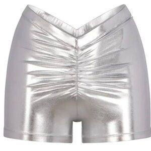 SKIMS Silver Metallic Swim Short V Waist Shorts NWT Nickel Spandex Ruched Medium